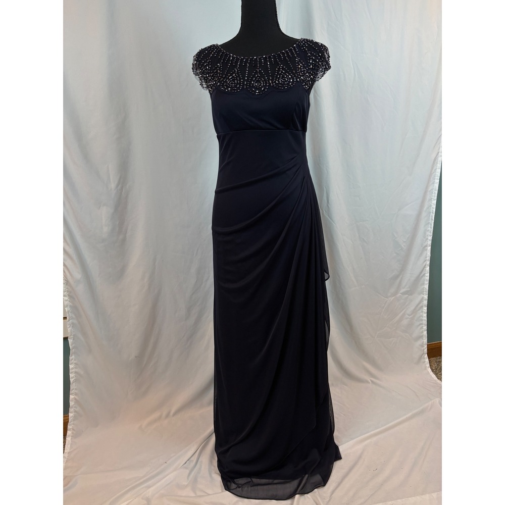 DJ-JAZ Navy Blue Beaded Illusion Neckline Ruched Formal Evening Gown Dress 6